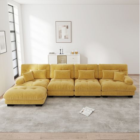 Divano angolare modulare a L 4 posti in tessuto chenille giallo con pouf mobile OKWISH (1/5)