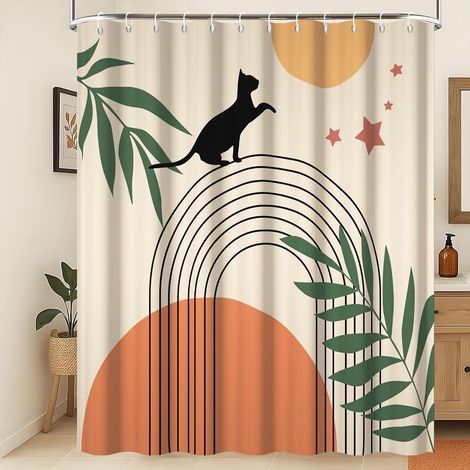 Rideau de Douche Bohème Rideau de Salle de Bain Chat Art Abstrait Motif géométrique Vintage Lignes Noires Feuilles Vertes Soleil Étoiles Chat Noir Mignon Rideau de Douche 120x180cm (1/4)