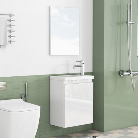 Meuble vasque mural 40 cm en MDF blanc brillant, gain de place pour salle de bain FloraGrace (1/5)