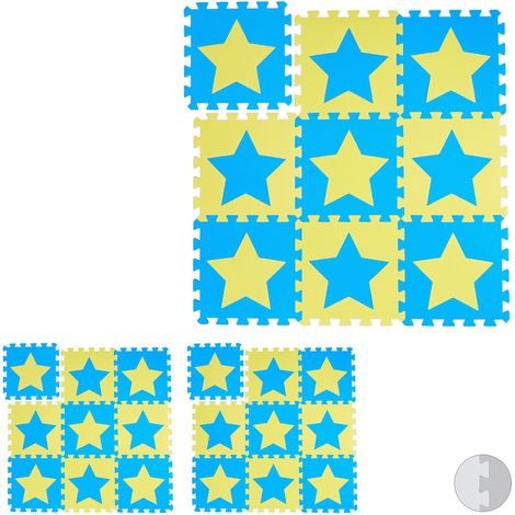 27x Tappeto Puzzle con Stelle, 54 Tasselli e Parti, Gommapiuma EVA Atossico, Area da Gioco Cameretta, Blu Giallo (1/5)