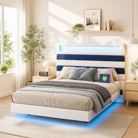 Lit flottant 140x190 cm velourrs, lit rembourré blanc bleu avec LED, prise USB Type-C, sommier à lattes, cadre suspendu facile à monter pour chambre adulte