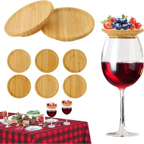 Lntyq Lot de 6 décorations rondes pour verres à vin en bois, pour dessert, assiette à apéritif (1/5)