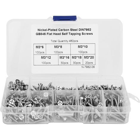 Vis Autotaraudeuses M3 - Tête Fraisée Cruciforme - Acier Carbone Plaqué Nickel Noir - Pour Fixations Métalliques Et Bois - Lot De 480 Pièces (1/5)