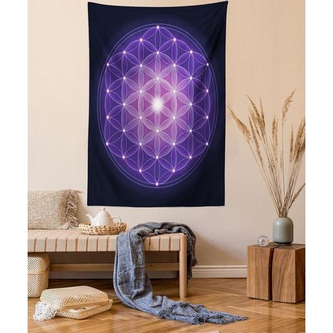 Tapis Fleur de Vie, Fleurs de Vie et Étoiles, Tapis mural en satin doux et soyeux pour salon ou chambre, 150 x 200 cm, bleu foncé et violet