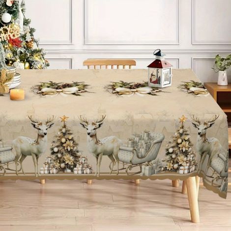 Mantel navideño vintage, decoración festiva de mesa en beige y dorado con motivos de ciervos, mantel para interiores de estilo rústico, 200 x 180 cm. (1/4)