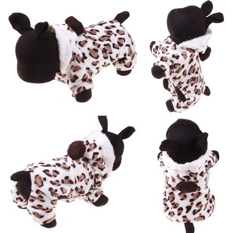 Vêtements en peluche mignons pour chiens et chats, imprimé léopard, pyjama chaud à capuche pour l'automne et l'hiver. (1/5)
