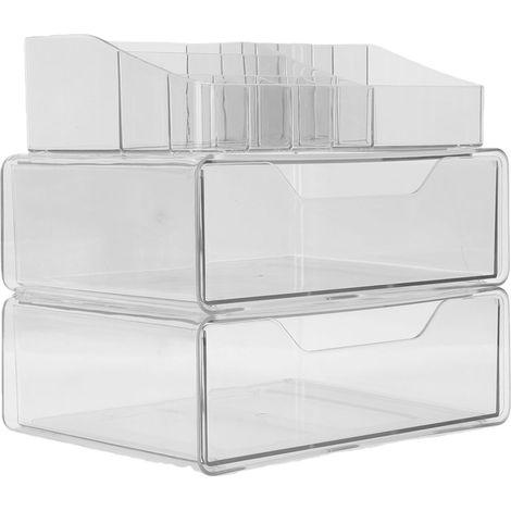 Organisateur de maquillage transparent à 3 niveaux avec tiroir, rangement cosmétique de comptoir pour rouge à lèvres, pinceaux et soins de la peau. Trois couches. (1/5)