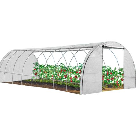 Idmarket – Serre tunnel 4 saisons 24M² blanche – Structure en acier galvanisé – Bâche armée 130 gr indéchirable – 8 fenêtres moustiquaires