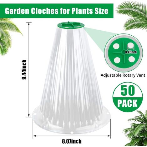 Lot de 50 clochettes de jardin réutilisables, avec couvercle rotatif et aéré pour protéger les plantes des animaux, escargots, oiseaux, poules et insectes. Hauteur : 24 cm, diamètre : 20,5 cm (transpa (1/3)