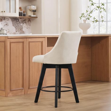 Tabouret de bar pivotant en lin beige avec dossier en chenille (1/5)