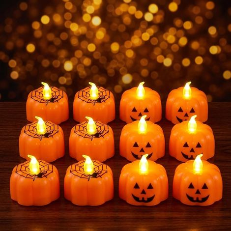 Bougies chauffe-plat « citrouille d'Halloween », lot de 12 bougies chauffe-plat LED 3D orange sans flamme, fonctionnant à piles, pour décorations d'Halloween et fêtes (1/5)