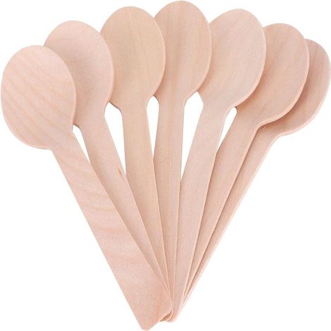 Paquete de 100 cubiertos de madera desechables, utensilios de madera natural, biodegradables para uso en exteriores y fiestas (cucharas - 100 unidades)