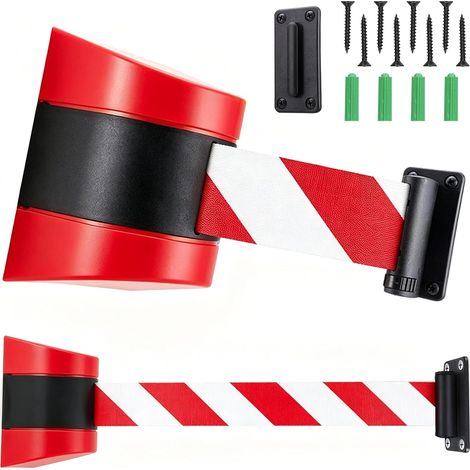 Support mural avec bande de barrière, bande de barrière extensible de 5 mètres, bandes d'avertissement de sécurité, barrière de queue, barrière de sécurité pour queues d'attente (rouge-noir) (1/5)