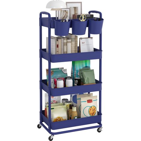 Chariot de Rangement à 4 Niveaux, roulettes en Plastique verrouillables, poignées, gobelets Suspendus supplémentaires, pour Salon, Salle de Bain, Salle de Bain, Cuisine, Bureau, Bleu (1/5)