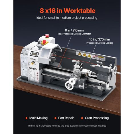 Tour à Métaux de Précision, 210x370 mm, 550 W, 0-2500 tr/min Vitesse Variable, Engrenage Métallique, pour Traitement de Pièces Préc… (1/5)