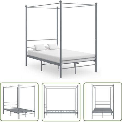 The Living Store Cadre de lit à baldaquin sans matelas gris métal 140x200 cm - Lit Plateforme - Cadre Lit Metal - Lit Double - Literie - Décoration Chambre (1/5)