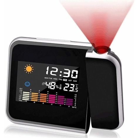 Sveglia con proiettore, calendario a colori, stazione meteo personale per la camera da letto, proiettore con luminosità regolabile, doppio allarme, display LCD, data, ora, temperatura, umidità. (1/4)