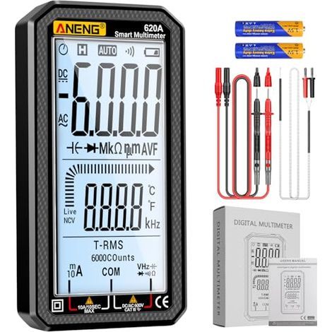 Digital Multimeter 6000 Counts Auto Ranging Voltmeter with LCD,Measures Ac/DC Current,Voltage,Resistance Temperature, for Electricians,DIY (620A Black) (1/5)