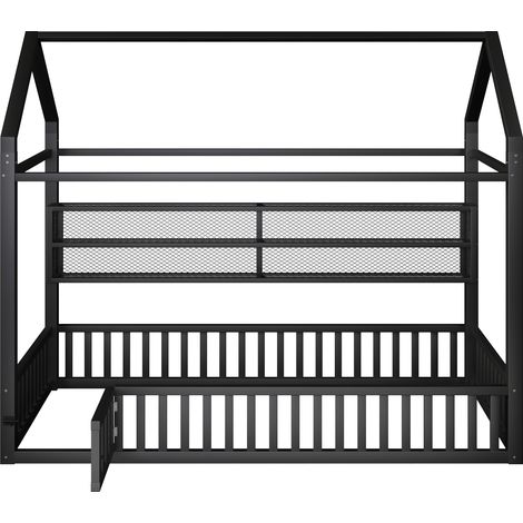 Hausbett Einzelbett mit Schutzzaun und LED 90×200 cm, ohne Matratze, aus Metall, Schwarz (1/5)