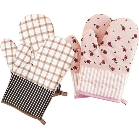 Gants de cuisine résistants à la chaleur, lot de 2 paires, en coton, pour la cuisine, la pâtisserie et le barbecue. (1/5)