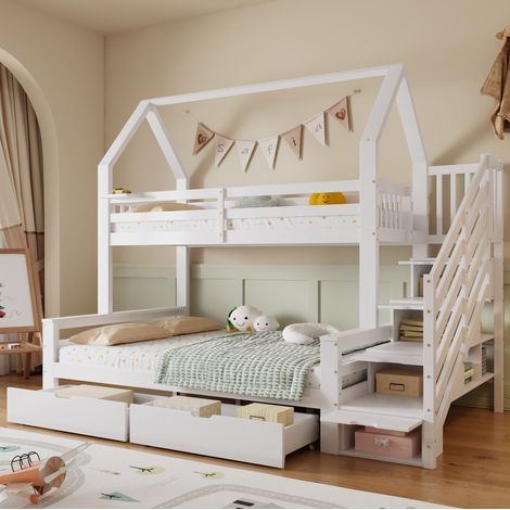 DESVIAE Lit superposé enfant avec escalier rangement et 2 tiroirs sur roulettes design toit garde corps de sécurité blanc 90 x 200 cm et 140 x 200 cm en pin MDF contreplaqué (1/4)