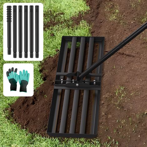 Jiubiaz Râteau de nivelage gazon 75 x 25 cm avec manche en acier, gants de jardinage inclus