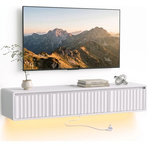 Meuble TV Suspendu Flottant 120 cm avec Éclairage LED et Prises, Meuble Télé pour Téléviseur 65 Pouces, Blanc (1/5)