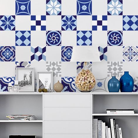 15 Stickers adhésifs carrelages Sticker Autocollant Carreaux de ciment Mosaïque carrelage mural salle de bain et cuisine Carreaux de ciment adhésif mural azulejos 10 x 10 cm 15 pièces (1/4)