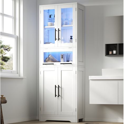 Armario alto de baño 60x30x170 cm blanco en MDF y vidrio con LED regulable y estantes ajustables (1/5)