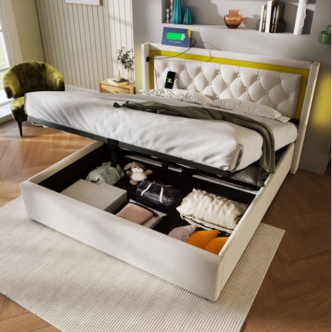 letto contenitore 140x200 LED USB Type C beige OKMYHOME (1/5)