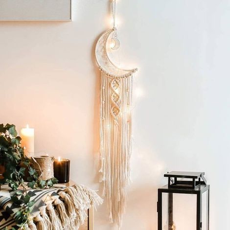 Tenture murale bohème en macramé avec lumière LED, tapisserie murale en coton tricoté attrape-rêves lune avec (1/5)
