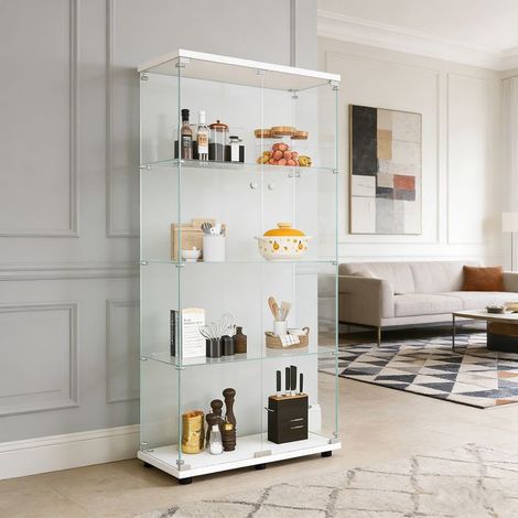Vitrine Armoire NEXU - Massivholz und gehärtetes Glas - 4 Regale und 2 Türen - 80 x 36 x 164 cm - Weiß