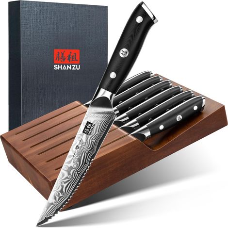 Set de 6 Couteaux à Steak Damas avec Bloc, Couteaux de Table Dentés (1/5)