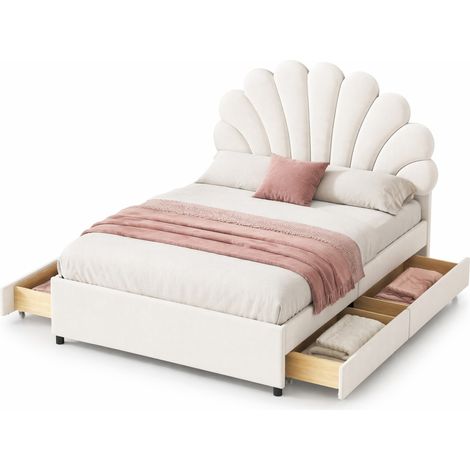 Letto con Cassetti, Letto Matrimoniale 140×200 cm con 4 Cassetti e Testiera Floreale, senza Materasso, Beige (1/5)