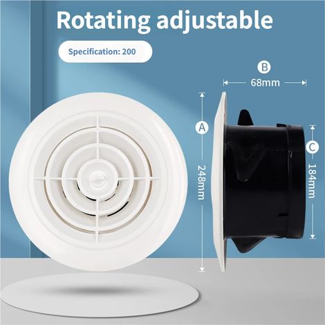 Grille d'aération ronde réglable de 200 mm, adaptée aux garages, salles de bains, cuisines et à un montage au plafond ou au mur. (1/5)