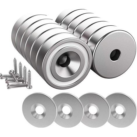 Lot de 12 aimants en néodyme 10 kg – Dimensions 20 x 7 mm avec trou et capsule – 12 coussins en acier inclus – Vis M4 fournies (1/5)