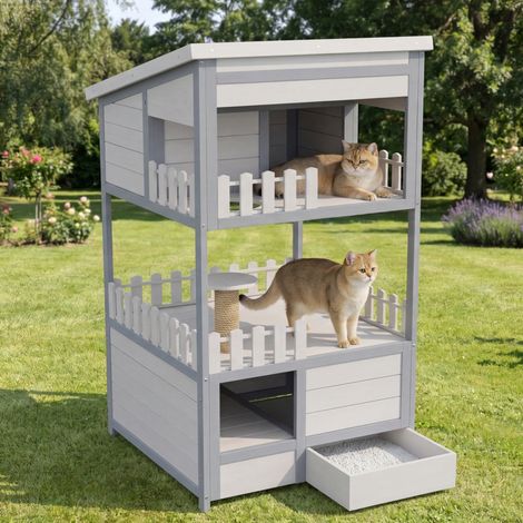 Caseta para gatos de madera de abeto, 68 x 64 x 124 cm, doble nivel, techo de betún, cajón galvanizado, gris. (1/5)