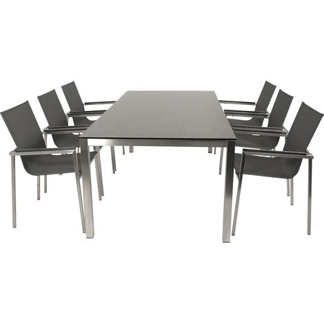 MELBOURNE: Garnitur 7-teilig (6x Stapelsessel mit Armlehnen, 1x Tisch 200x100cm rechteckig), Gestell Edelstahl poliert,  Bezug Kunstgewebe grau mit Polsterung, Tischplatte Glas in Keramikoptik grau