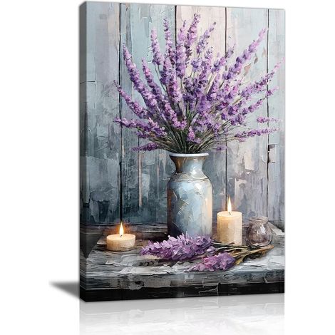 Lavande Violette Dans Un Vase Tableau Décoration Murale Salon, Bougie Rustique Champêtre Poster Mural Impression Sur Toile Nature Floral Affiche Decoration Murale Décor pour Chambre Maison 30x40cm (1/5)