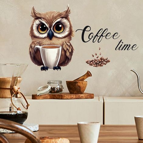 Sticker mural, motif de café, grains de café, hibou, dictons et citations, pour cuisine, salon, salle à manger, café, décoration murale (1/5)