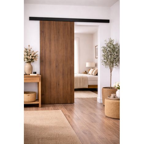 Porte Coulissante Décor Noyer Light Walnut H204 X L93 Cm, Rail Alu Bandeau Noir Gd Menuiseries