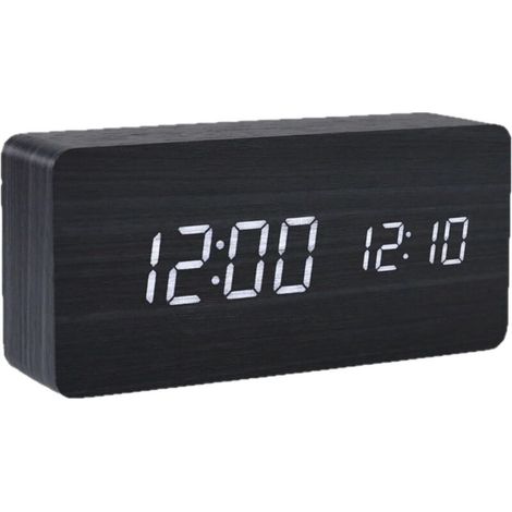 Digitaler Wecker aus Holz mit LED-Anzeige, Nachttischuhr aus Holz mit großem LCD-Bildschirm, Anzeige von Uhrzeit, Datum und Temperatur (schwarz) (1/5)