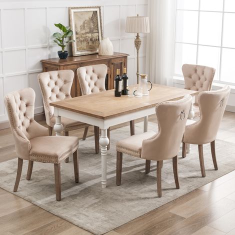 Lot de 6 Chaise de salle à manger avec garniture cloutée, pieds en bois massif, revêtement en velours, Beige (1/5)