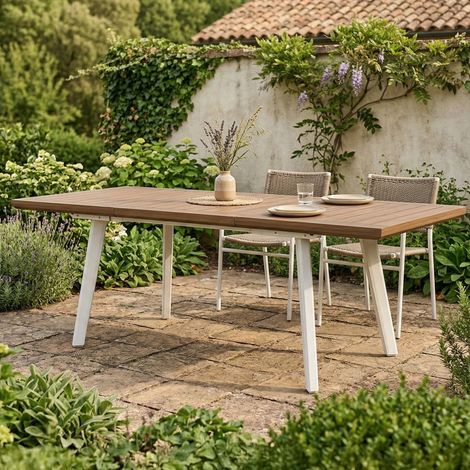 Dmora - Gartentisch Quispamsis, Picknickbasis, Garten-Esstisch, Mehrzweck-Außenbank, 162x101 h77 cm, Weiß und Taupe (1/5)