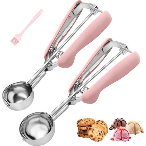 Lot de 2 cuillères à biscuits pour la cuisson avec poignée rose en acier inoxydable 18/8 avec poignée ergonomique douce (1/5)