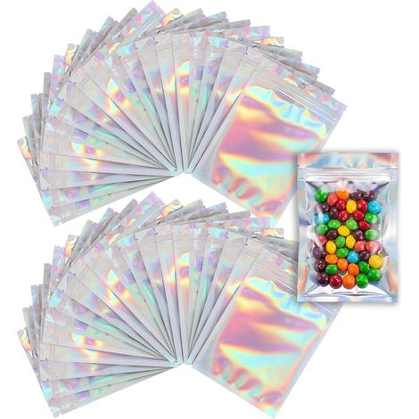 250pcs Mylar Holographiques Pochon, 10 x15cm Sachet Zip, Petits Sacs en Pochon Plastique Refermables, Papier Aluminium Alimentaire Sachet Transparent Zip des Bonbons, Bijoux, Lipgloss (1/5)