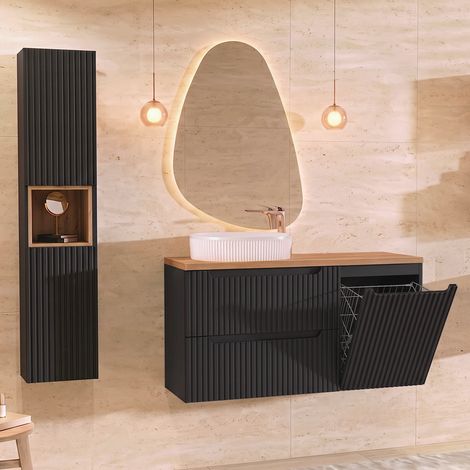 Waschtisch-Set mit Einzelwaschbecken (120 cm), Wäschekorb, 2 Schubladen und Hochschrank „Riva“ in Schwarz und Holz (1/5)
