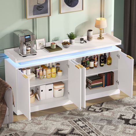 MODFU – Credenza cucina 160x39x83 cm in MDF con LED RGB, vani aperti e chiusi e carico 60 kg – Bianco (1/5)