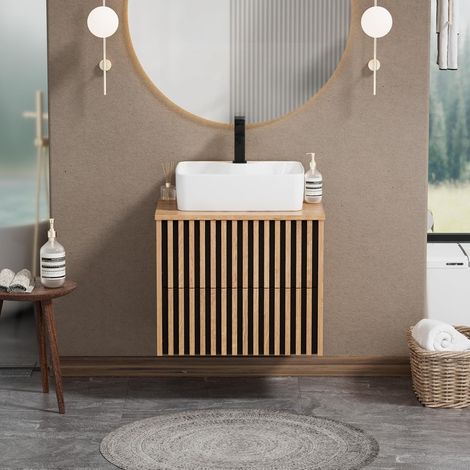 UEV Mobiletto Bagno 60CM con Lavabo in Ceramica, Mobile Bagno Sospeso Combina Eleganza e Funzionalità, Lavandino con Mobiletto da Parete, Bianco Avorio+Nero