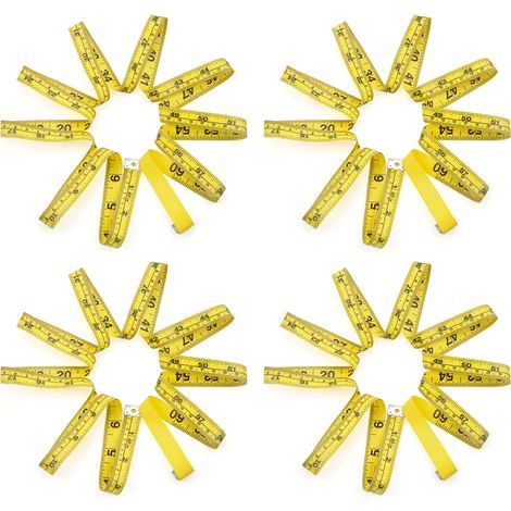Juego de 4 cintas métricas, doble escala (cm y pulgadas), fibra de vidrio flexible, puntas metálicas, para costura y medición corporal. (1/5)